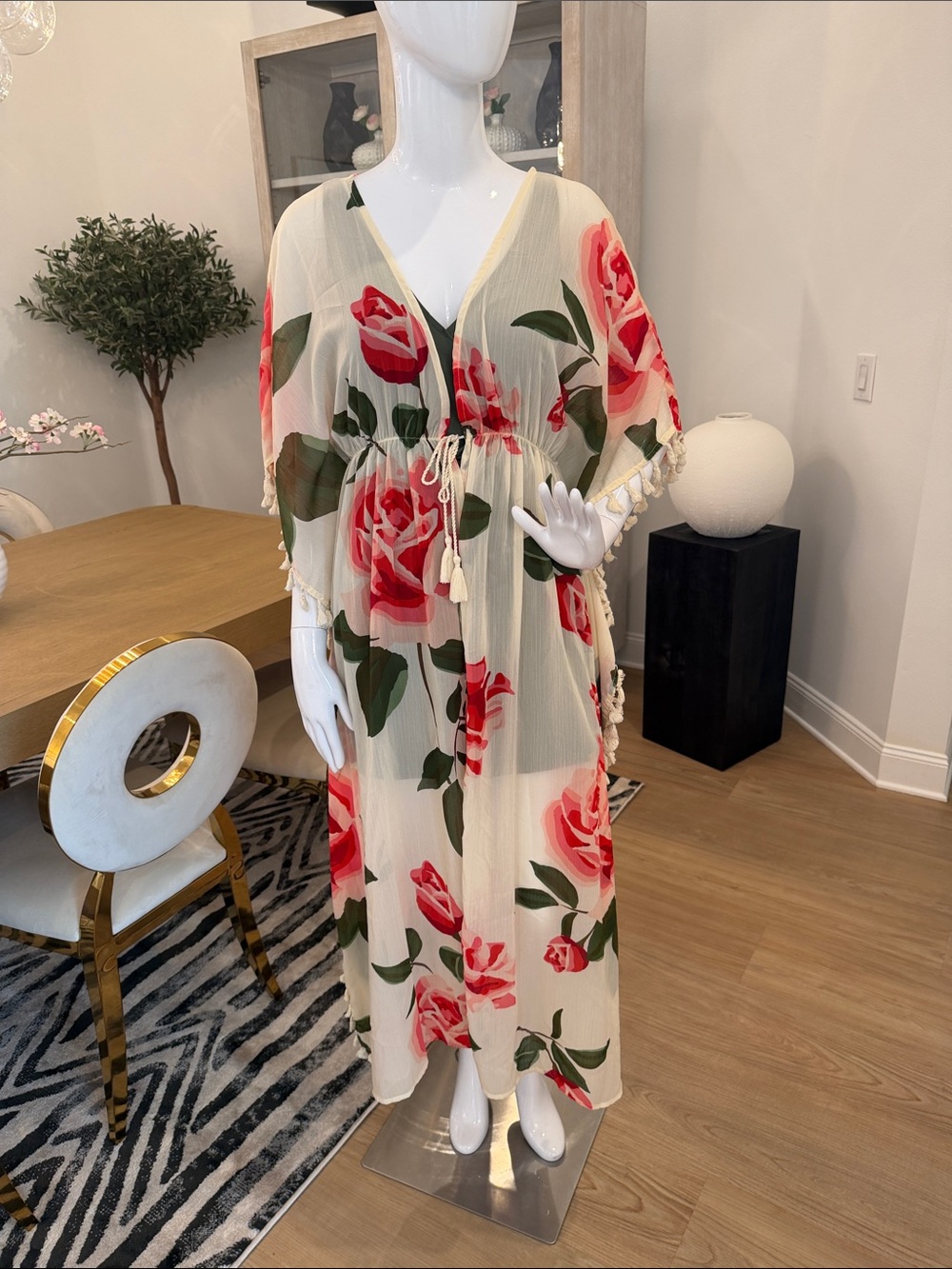 Floral Tie-Waist Caftan Cream with Red Rose Print
